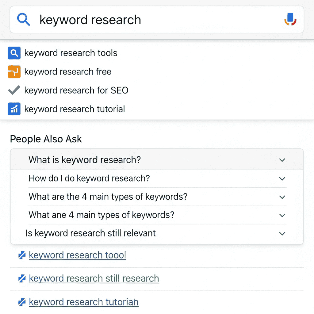 Google search results with autocomplete suggestions and 'People Also Ask' box for keyword research.